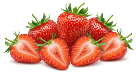 Strawberries isolated. Strawberry slice and whole on white background. Perfect retouch. Full depth of field. With clipping path. Perfect not AI strawberry, true photo.