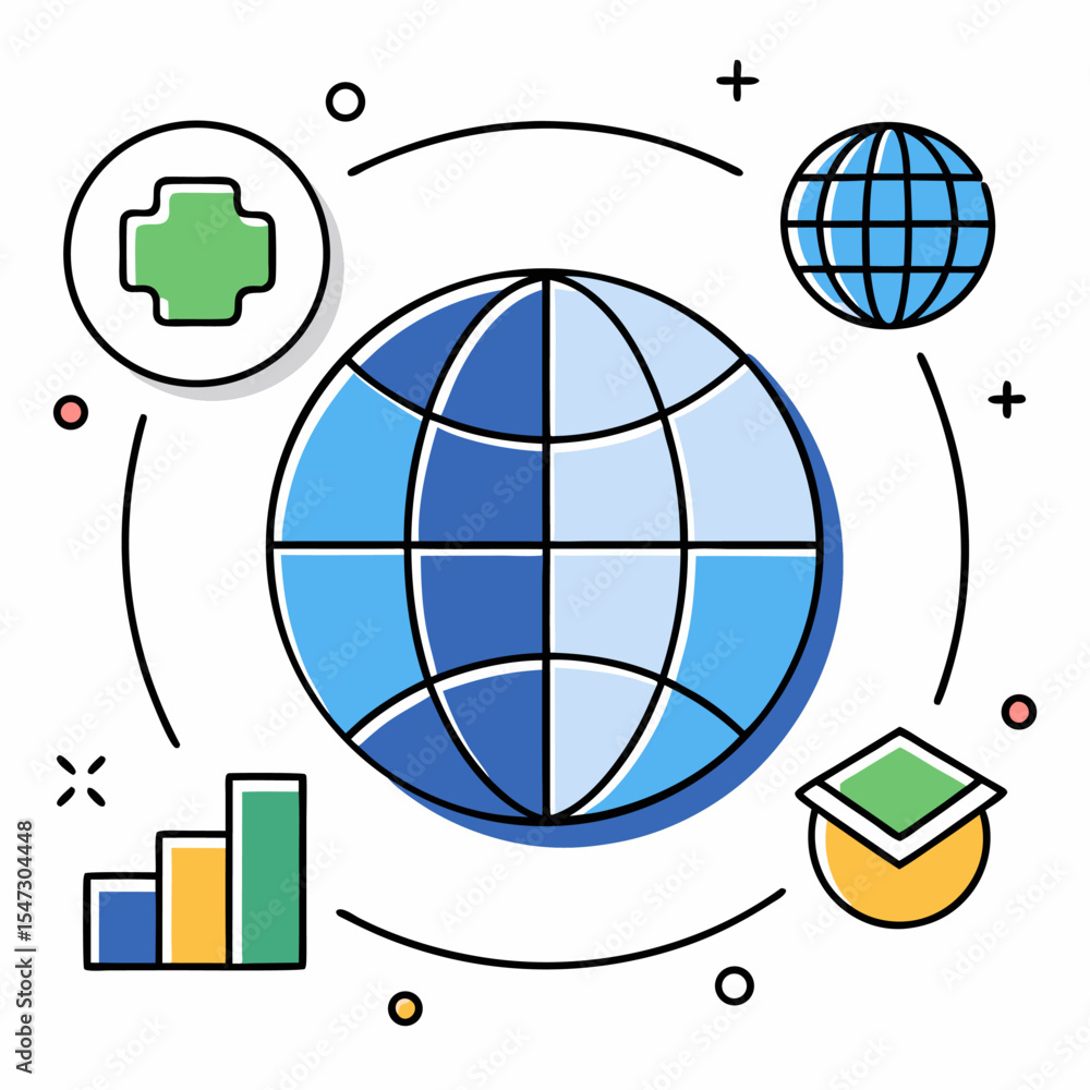 Poster global data arcs surrounding a stylized planet icon representing connectivity and information flow