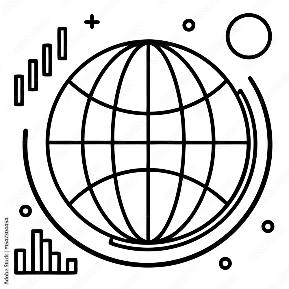 Poster global data arcs surrounding a stylized planet icon representing connectivity and information flow
