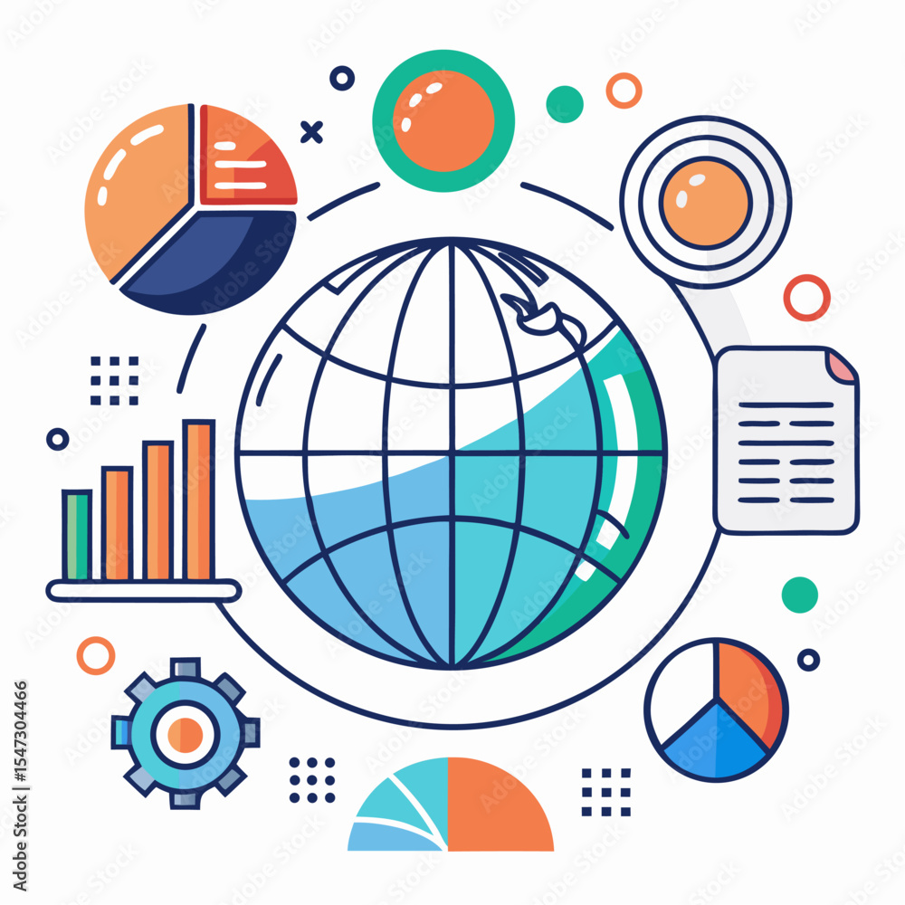 Aufkleber Global data arcs surrounding a stylized planet icon representing connectivity and information flow