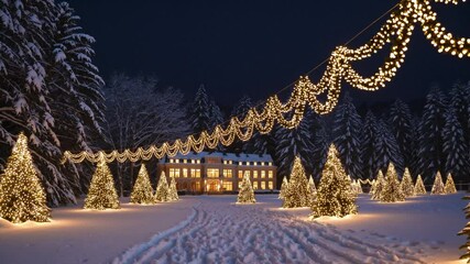 Magical winter evening scene with Christmas lights strung across snowy path leading to decorated home, evoking warmth, holiday celebration, and seasonal wonder - Powered by Adobe