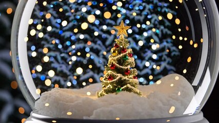  Christmas tree inside snow globe with falling snow and twinkling lights in the background, evoking holiday wonder, joy, tradition, and festive home decoration - Powered by Adobe