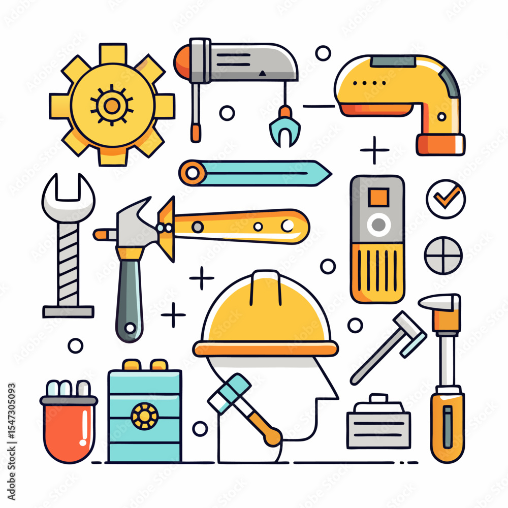 Poster construction and tools icon set high quality vector graphics