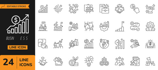 Business Editable Line Icons for Growth and Success. various aspects of business growth, collaboration, and success. Including growth icons, success icons, collaboration icons, meeting icons, teamwork