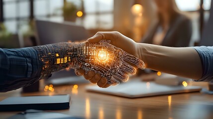 Digital transformation concept shown through glowing handshake between human and artificial intelligence with network pattern overlay in modern office setting.