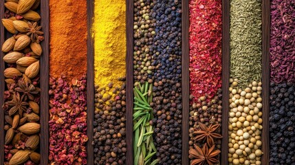 Colorful spices in wooden trays