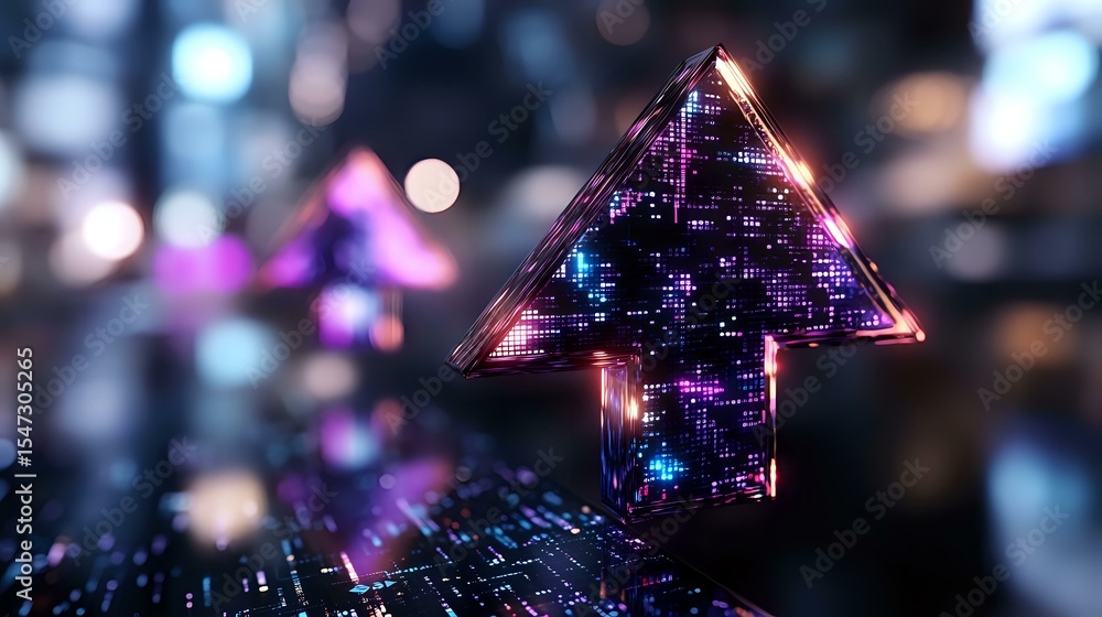 Poster glowing neon arrow points upward against digital circuit background with purple and blue lights crea