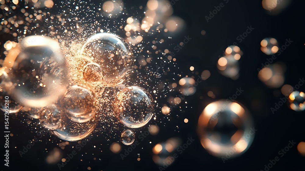 Poster magical glowing soap bubbles floating in dark space with sparkles and bokeh light effects, creating 