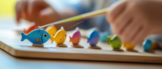 Child playing with colorful wooden fish toy, learning fine motor skills and hand-eye coordination, engaging in educational play, fun activities for kids.