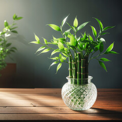 Bamboo Plant In A Crystal Vase For Prosperity and Wealth On A table, Morning Light, Soft Gray background