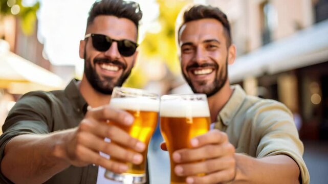 Two smiling men toast each other with pints of beer outdoors on a sunny day, celebrating and enjoying a cheerful moment together.