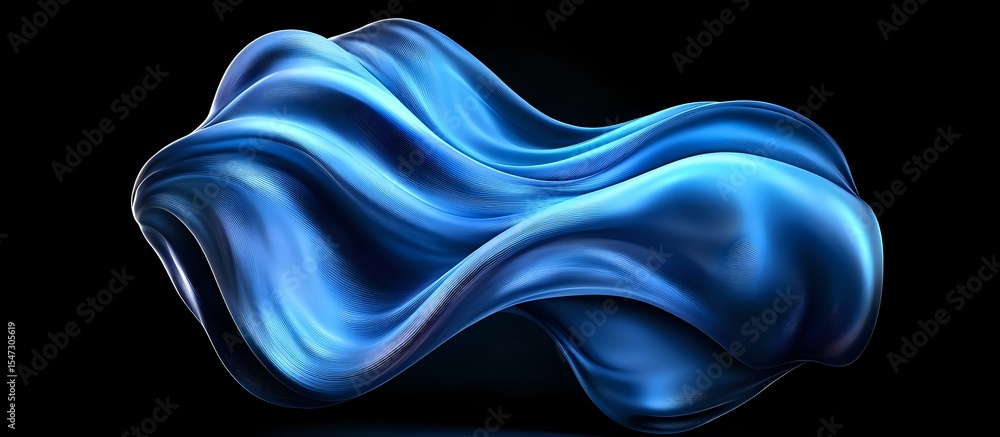 Poster flowing abstract blue wave shape with smooth curves and glossy surface against black background crea
