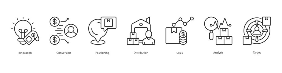 Market Innovation banner web icon set vector illustration concept with icon of innovation, conversion, positioning, distribution, sales, analysis, target