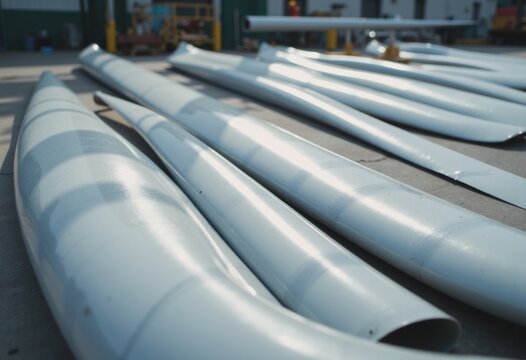 Fototapeta Stacked wind turbine blades at a manufacturing site, showcasing renewable energy production