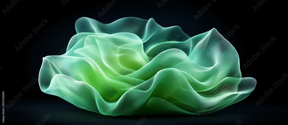 Poster glowing mint green abstract waves form ethereal sculpture against dark background, creating luminous