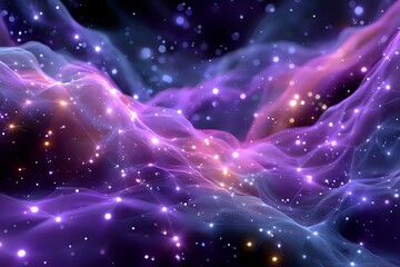 Obraz premium Mystical cosmic nebula with glowing purple and pink clouds against dark space background, illuminated by bright stars and ethereal light streams.