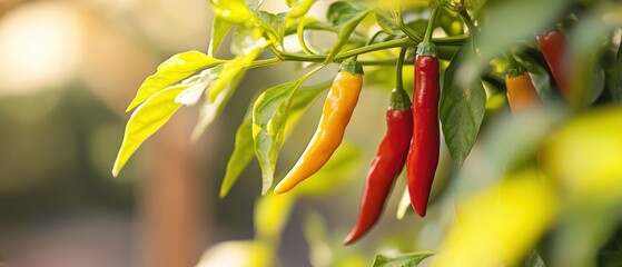 Chili peppers growing on plant, fresh organic vegetables in garden, vibrant harvest, healthy eating, farm produce, colorful spices for cooking and recipes.