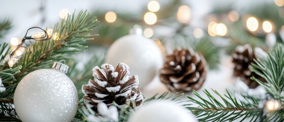 Obraz premium Christmas decorations with pine branches, white ornaments, and pinecones creating a cozy holiday atmosphere with festive lights for seasonal celebration.
