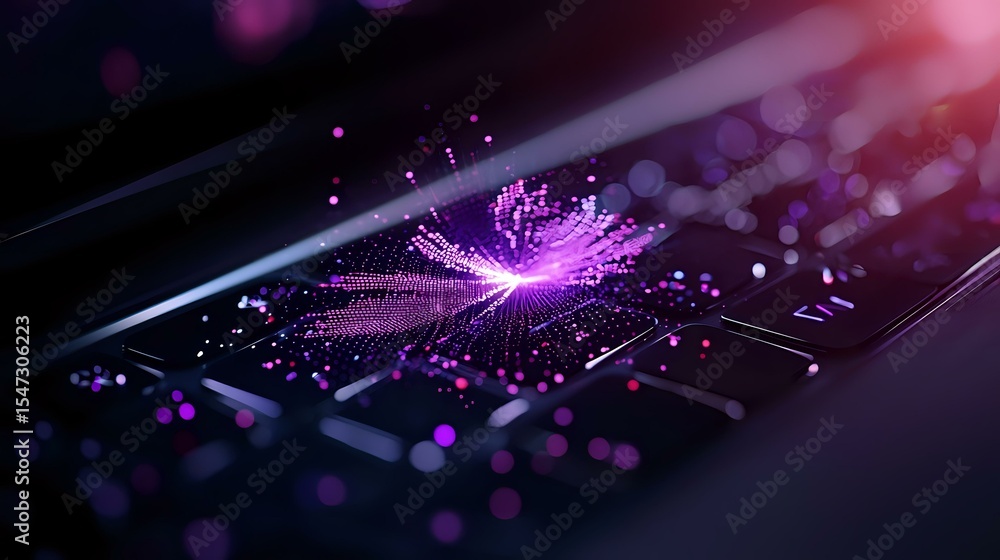 Poster glowing purple digital explosion with light rays emanating from center point on dark computer circui