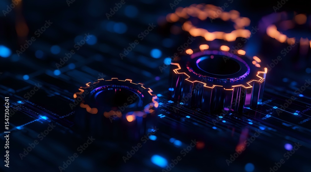 Poster glowing mechanical gears on digital circuit background with blue and orange light effects create fut