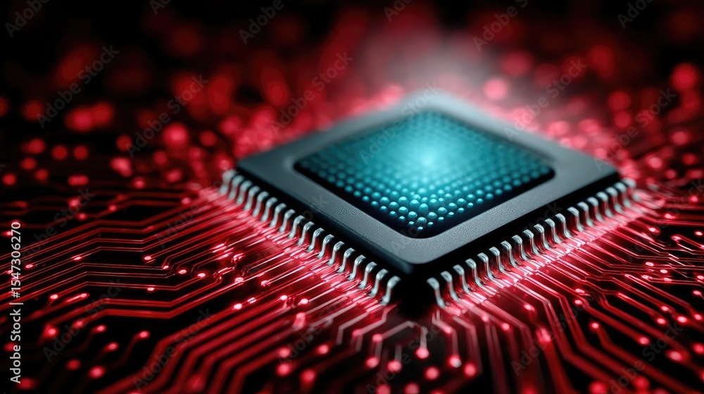 Poster Adaptive chip and programmable integration concept. Close-up of a computer chip on a circuit board in vivid colors.