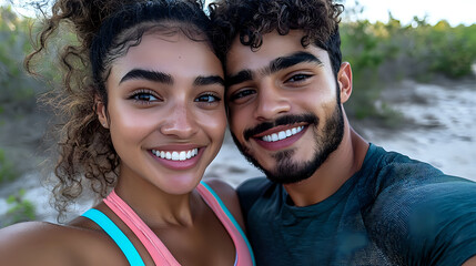 Young diverse couple taking selfie outdoors with natural beach background, showing bright authentic smiles and casual style, expressing joy and romance.