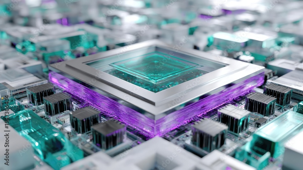 Poster Adaptive chip and programmable integration concept. Futuristic microchip on a circuit board with vibrant colors.