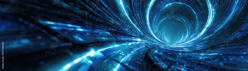 Poster Hybrid processor in plasma development concept. Abstract blue tunnel with glowing lights representing digital flow.