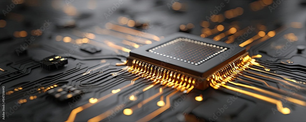 Poster Adaptive chip and programmable integration concept. Close-up of a computer chip on a circuit board with glowing lines.
