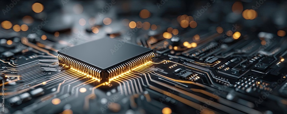 Poster Adaptive chip and programmable integration concept. Close-up view of a modern microchip with intricate circuitry.