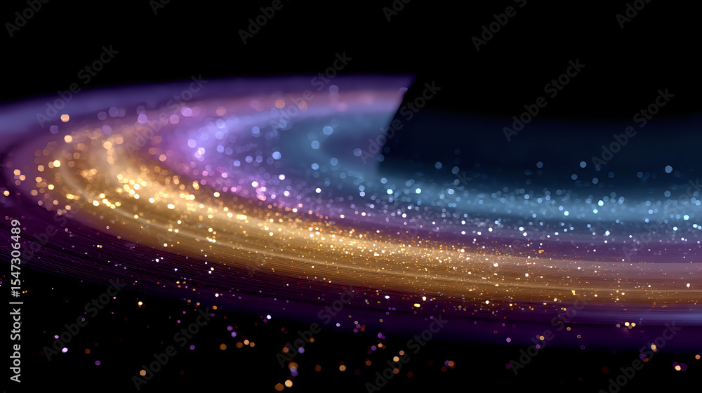 Poster magical cosmic swirl with glowing particles and colorful light trails against dark background, creat