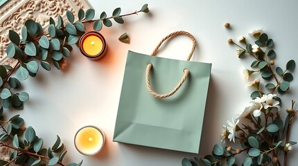 A sage green paper gift bag with a rope handle sits among eucalyptus branches, white flowers, and lit candles on a white background