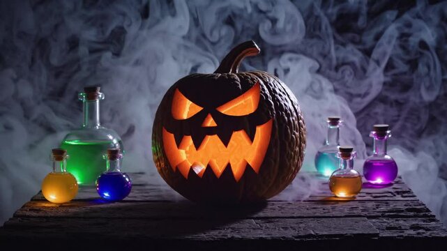 Glowing evil jack-o&rsquo;-lantern surrounded by colorful potion bottles and fog, symbolizing Halloween mystery, spooky decorations, dark magic, and haunted science experiment atmosphere