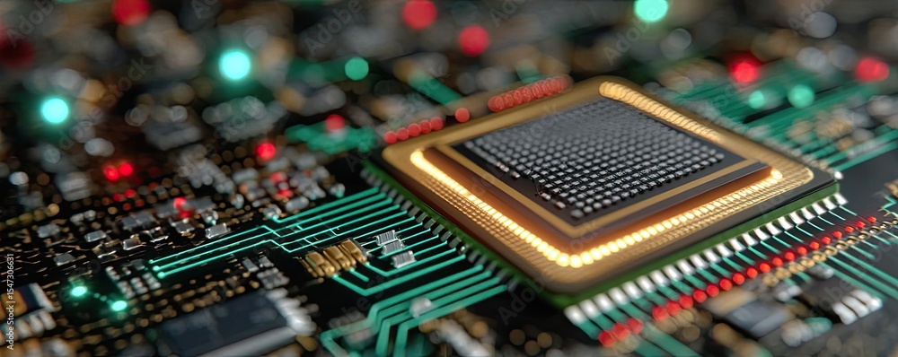 Poster Adaptive chip and programmable integration concept. Close-up of a computer chip on a circuit board with lights.
