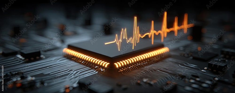 Poster Adaptive chip and programmable integration concept. Close-up of a circuit board with heartbeat visualization.