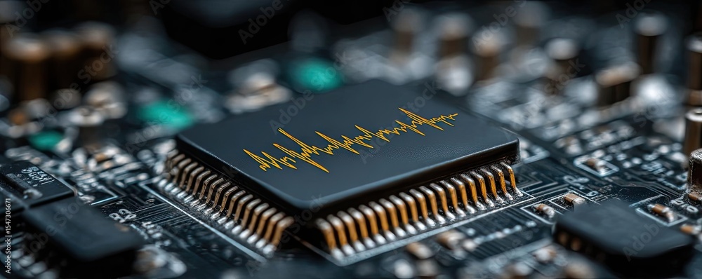 Aufkleber Adaptive chip and programmable integration concept. Close-up of a microchip on a circuit board with data pattern.