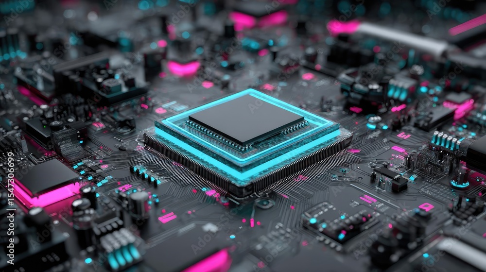 Poster Hybrid processor in plasma development concept. Close-up of a circuit board with vibrant neon accents and components.