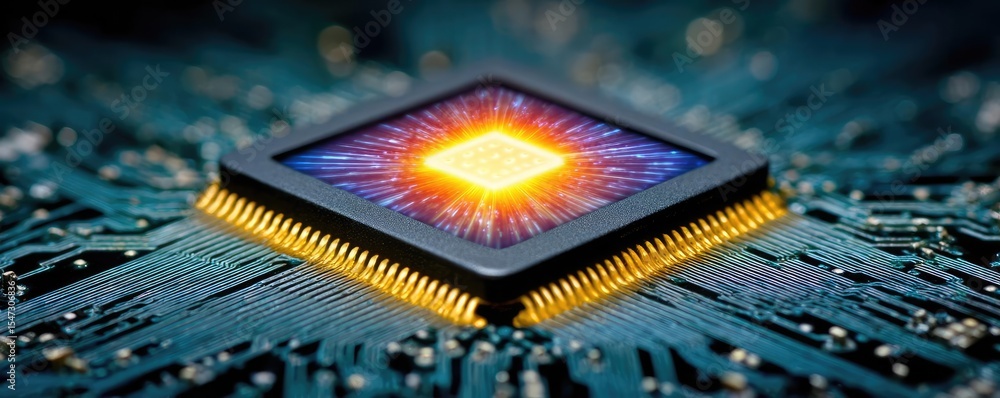 Poster Hybrid processor in plasma development concept. Close-up of a microchip on a circuit board with vivid details.
