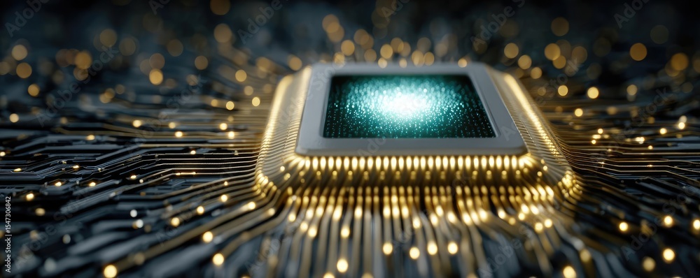 Poster Hybrid processor in plasma development concept. Close-up image of a glowing microchip on a circuit board.