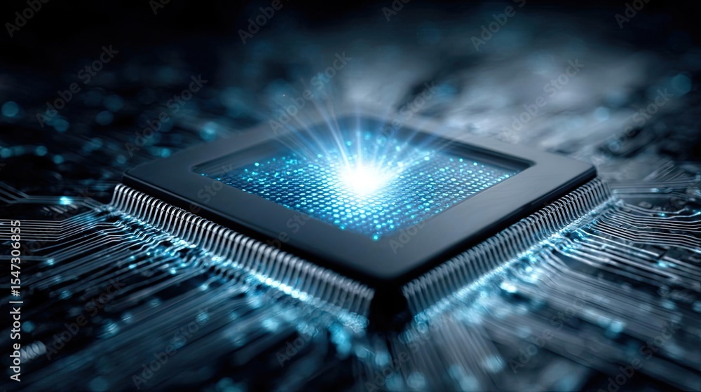 Poster Hybrid processor in plasma development concept. Close-up of a microchip with glowing circuitry technology.