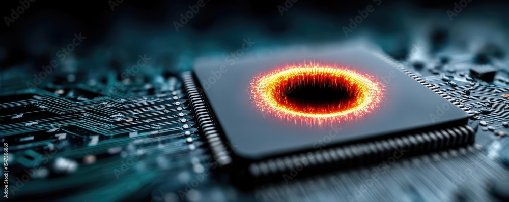 Aufkleber Hybrid processor in plasma development concept. Close-up of a microchip with glowing circular design, showcasing innovation.