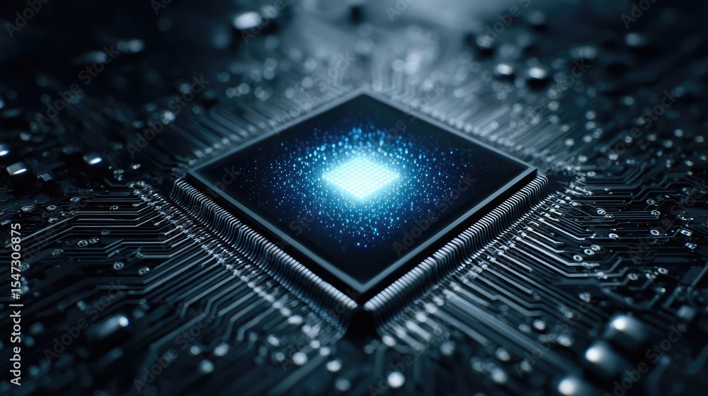Poster Hybrid processor in plasma development concept. Close-up of a computer chip showcasing intricate circuit design.