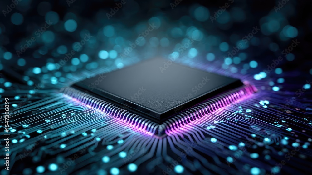 Aufkleber Adaptive chip and programmable integration concept. Futuristic microchip on digital circuit board background.