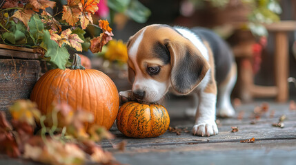 Curious puppy sniffs pumpkins on rustic wooden deck surrounded by autumn leaves