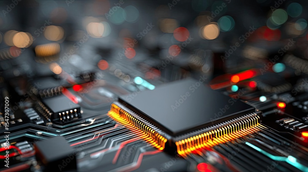 Poster Adaptive chip and programmable integration concept. Close-up of a circuit board with a glowing microprocessor.