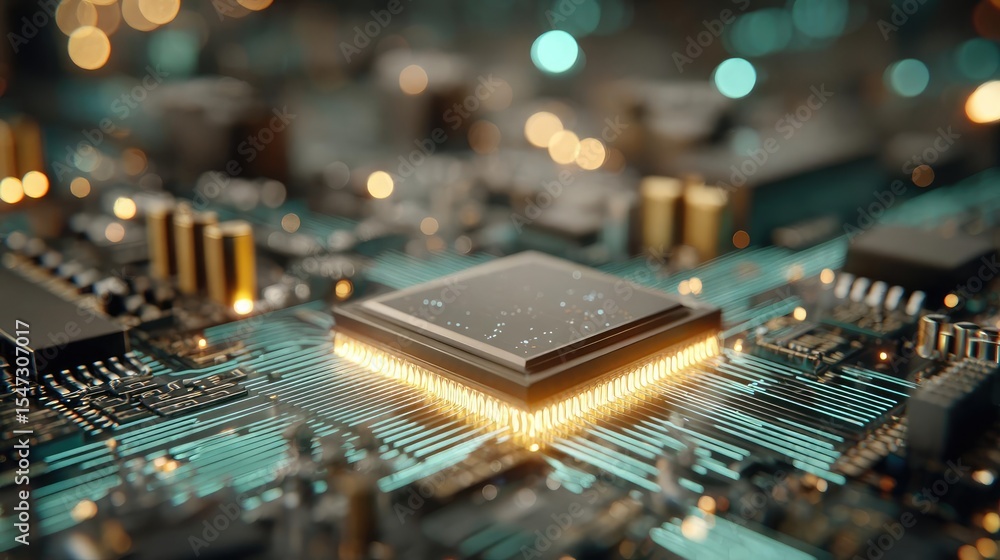 Poster Adaptive chip and programmable integration concept. Close-up of a futuristic computer circuit board with a processor.