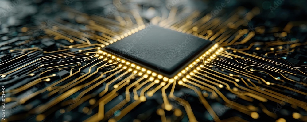 Poster Adaptive chip and programmable integration concept. Close-up of a computer chip with intricate circuitry details.