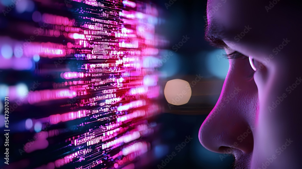 Poster young asian woman looking at glowing pink computer code data stream, digital technology concept visu