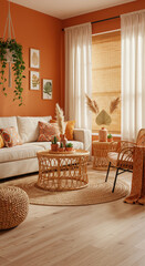 Three Vertical Wooden Frame Mockup in a Cozy Boho Living Room with Terracotta Walls