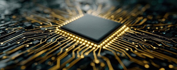 Adaptive chip and programmable integration concept. Close-up of a computer chip with intricate circuitry details.